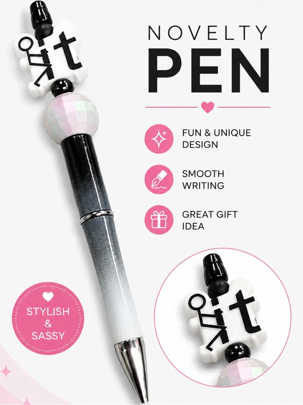 F IT Gradient Black-to-White Decorative Ballpoint Pen with Pink Accent